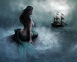 Unknown Artist Mermaid and pirate ship painting